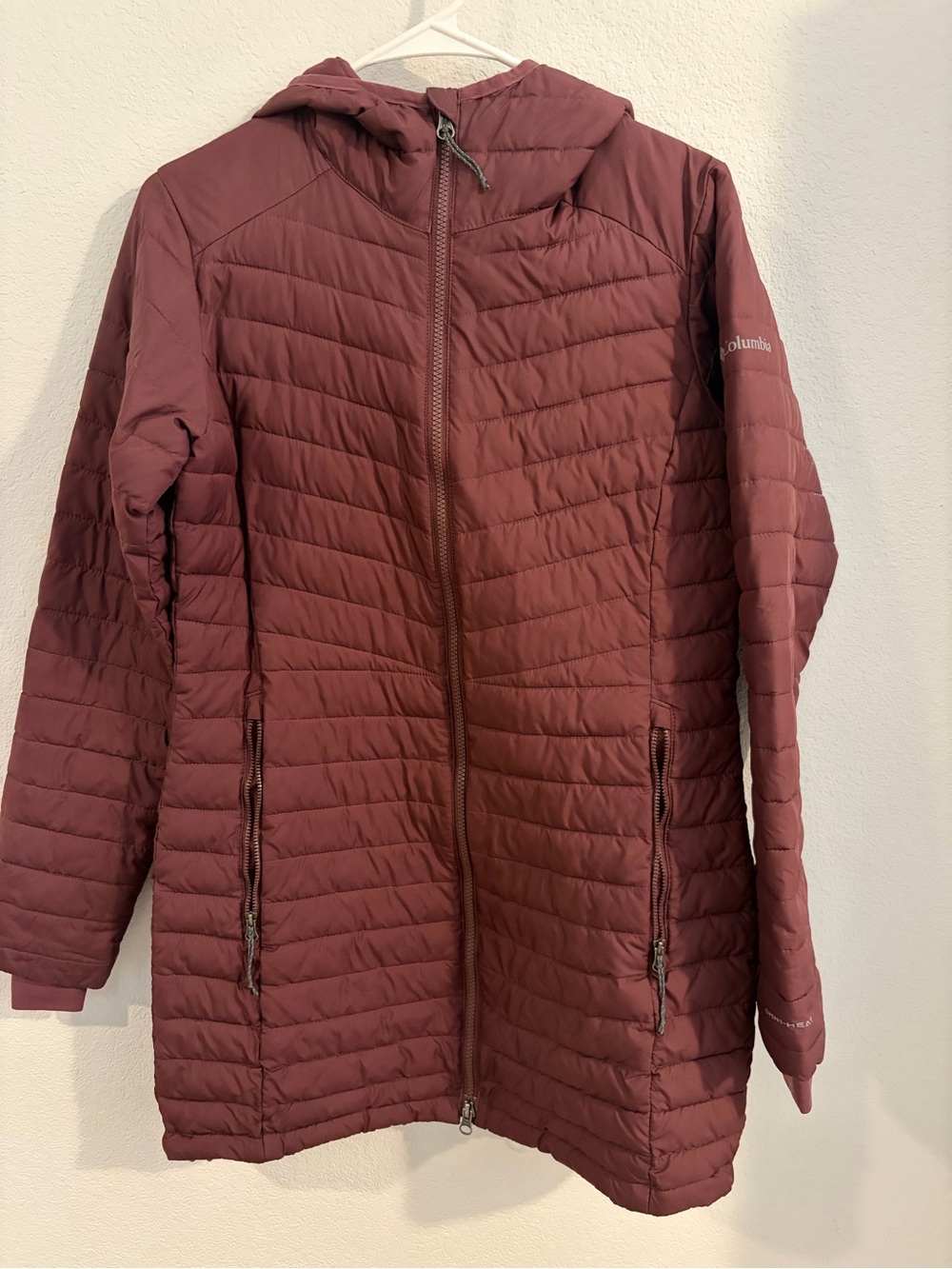 Columbia Women's Long Quilted Hooded Puffer Jacket in Burgundy